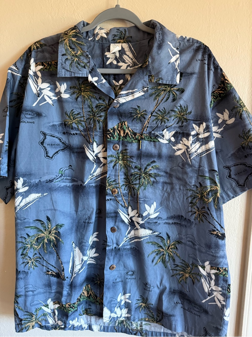 Palmwave Hawaii Shirt Mens Blue Surf Islands Map Surfer Tropical Aloha